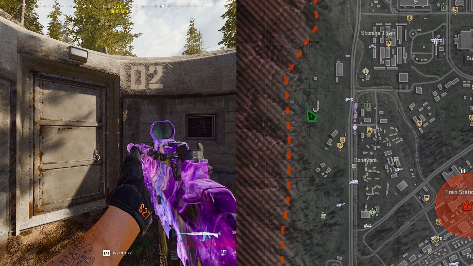 Location of Bunker 02 in Verdansk (Images via Sportskeeda Gaming || Activision)